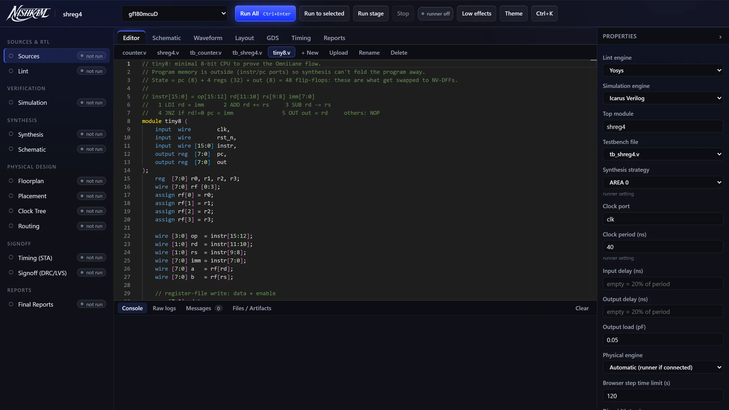 Nishkam Studio editor showing the tiny8 Verilog source