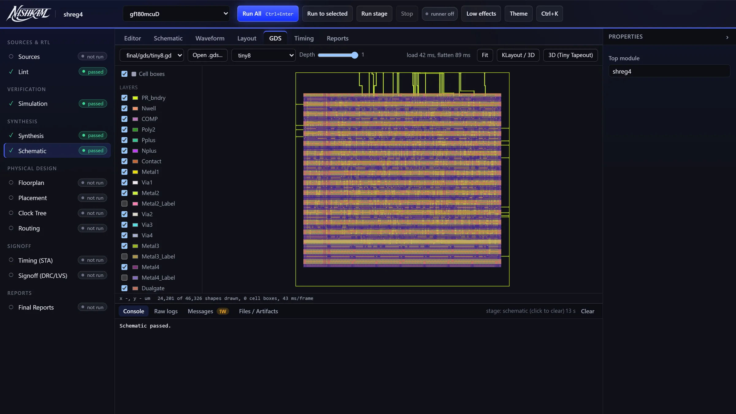 GDS layout of tiny8 on gf180mcuD